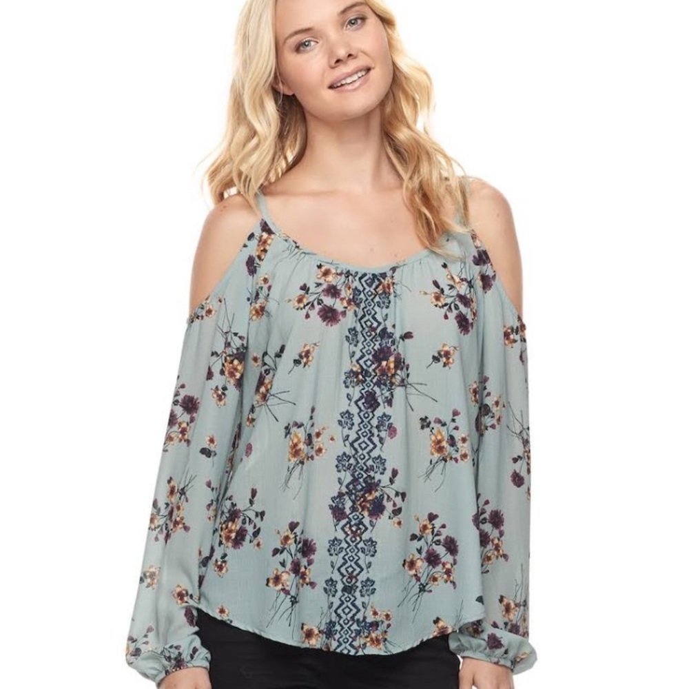 Rewind Mint Green Floral Cold-Shoulder Top (S)